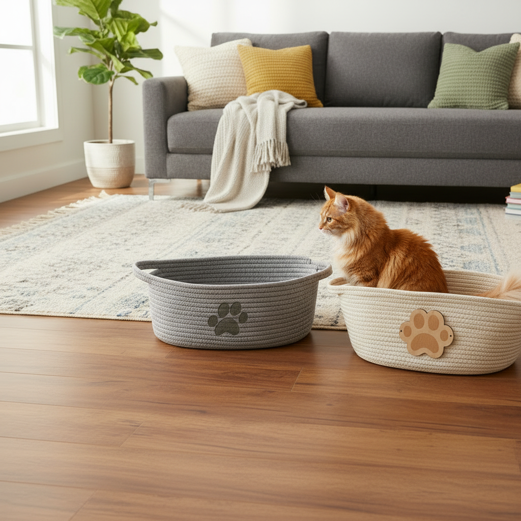Paw Embellished Oval Rope Basket