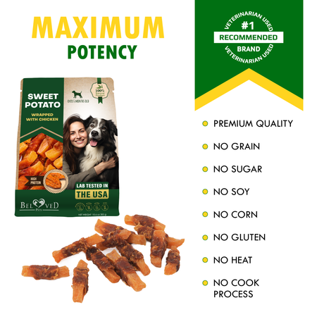 Beloved Pets Sweet Potato Wrapped with Chicken, Natural Dog Chew Treats - Grain Free & Human Grade, for Training Small & Large Dogs (10.6 oz)